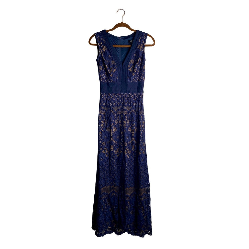 Tadashi Shoji Blue Lace Maxi Gown Dress Size 0 V-Neck Formal Gala Wedding Guest